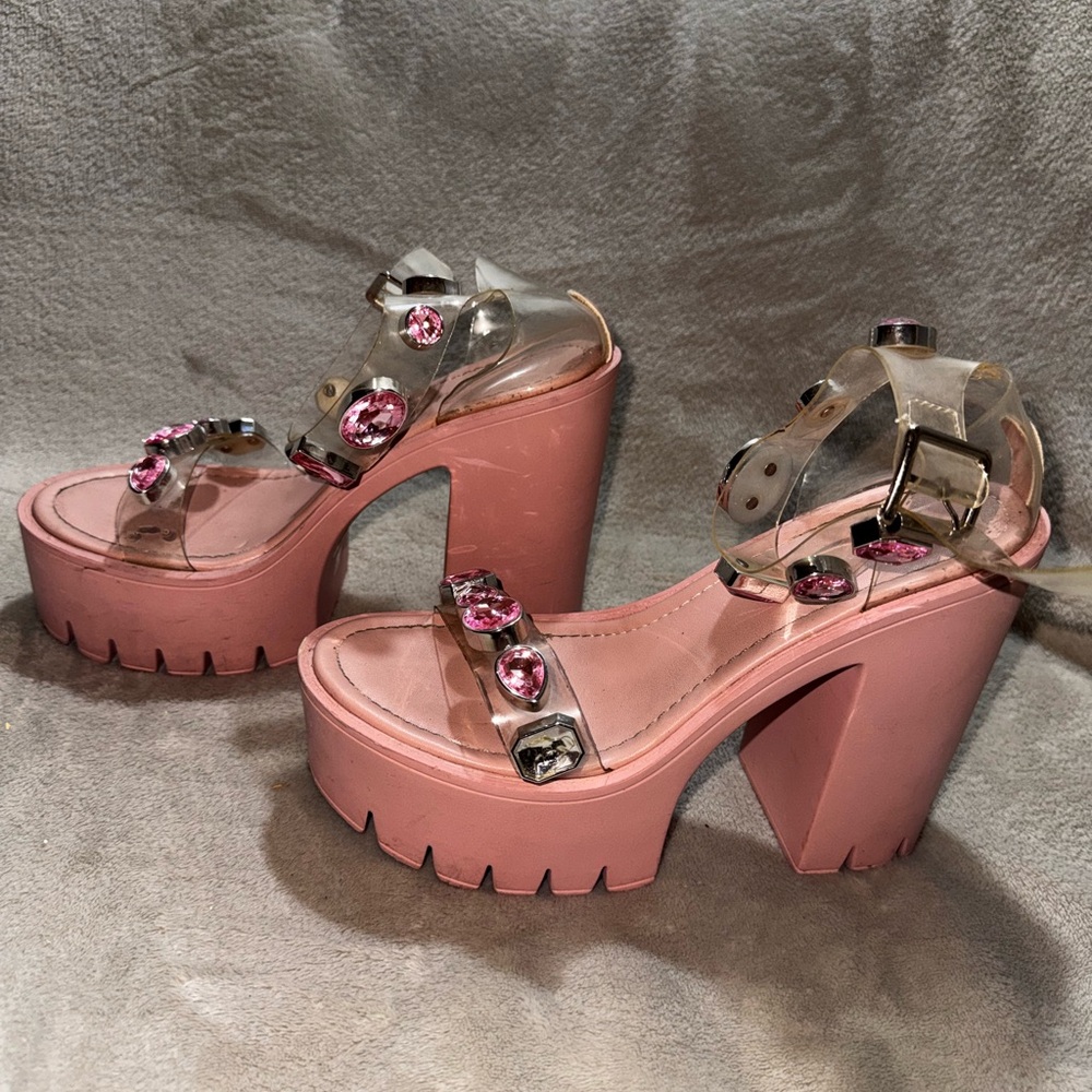 Pink Platform Heels with Clear Straps and Pink Gem Accents